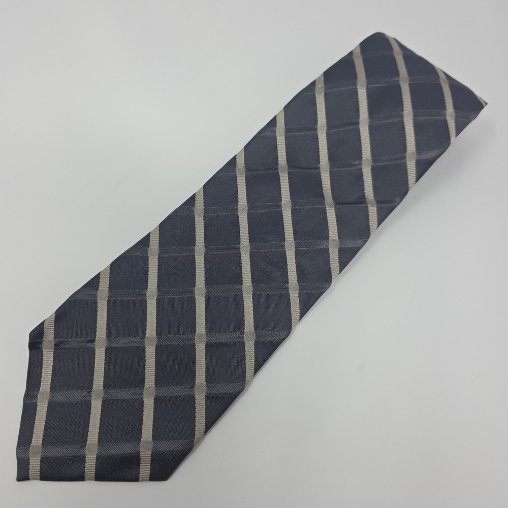 Donna Karan Signature Necktie Mens OS Grey Silver Silk Grid Pattern Made in USA